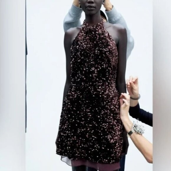 Zara Dresses & Skirts - NWT ZARA SEQUIN MINI DRESS OPEN BACK BROWN FESTIVE COLLECTION